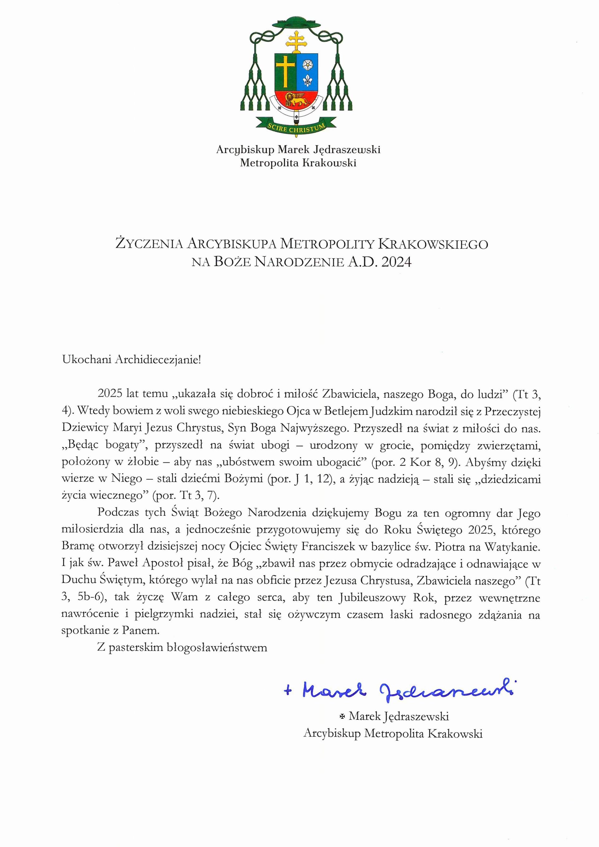 Życzenia Metropolity Krakowskiego J.E. ks. abp. Marka Jędraszewskiego